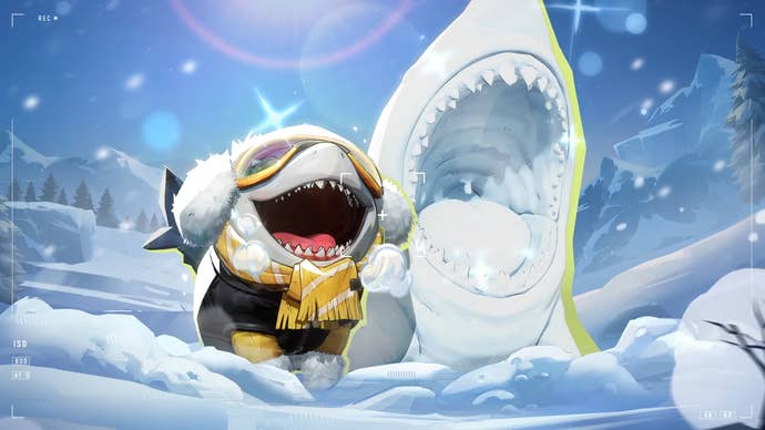 Marvel Rivals Winter Celebration trailer screenshot showing Jeff the cute land shark in a winter outfit next to a shark made of snow