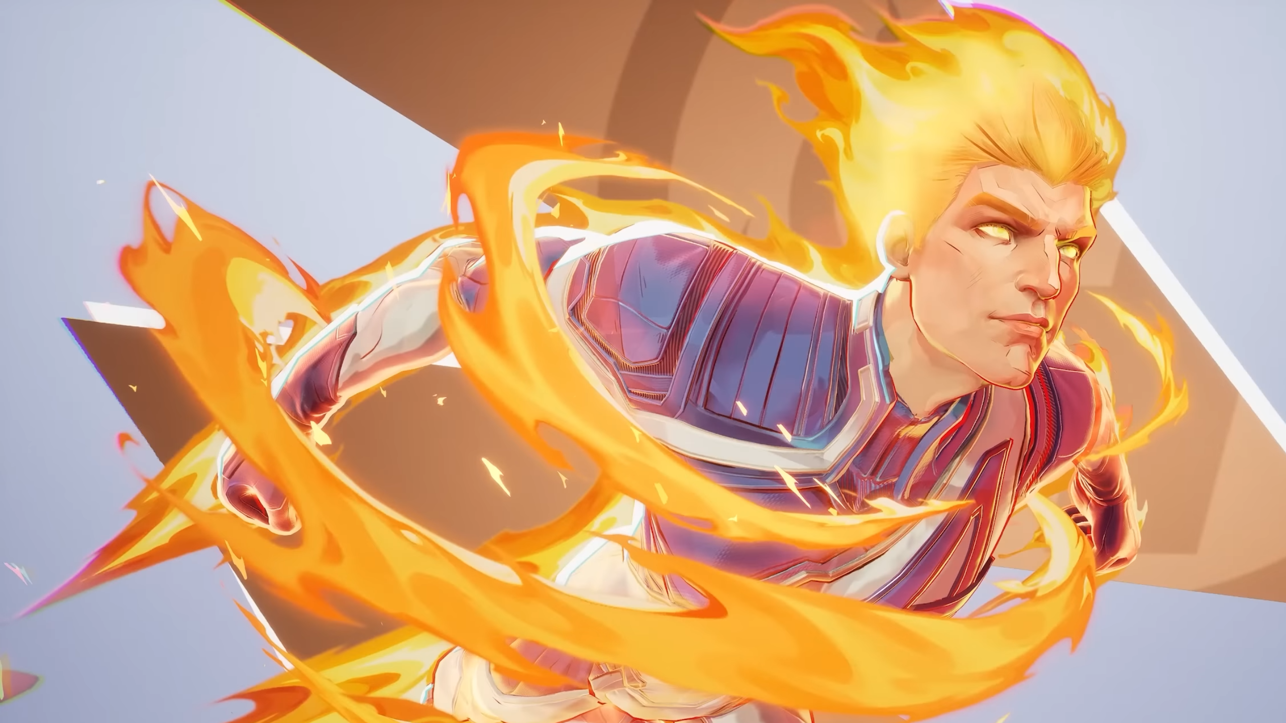 Close up of Human Torch character wreathed in flame from Marvel Rivals