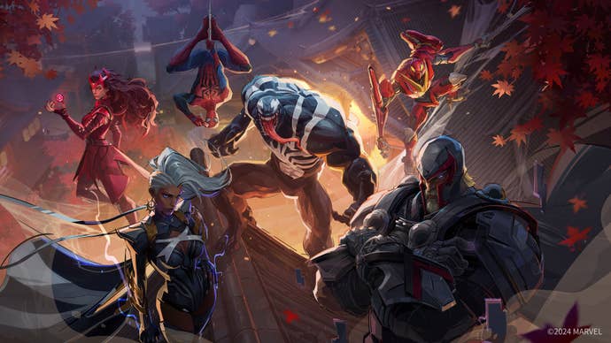 From left to right; Scarlet Witch, Storm, Spider-Man, Venom, Magneto, and Peni Parker in Marvel Rivals promotional artwork