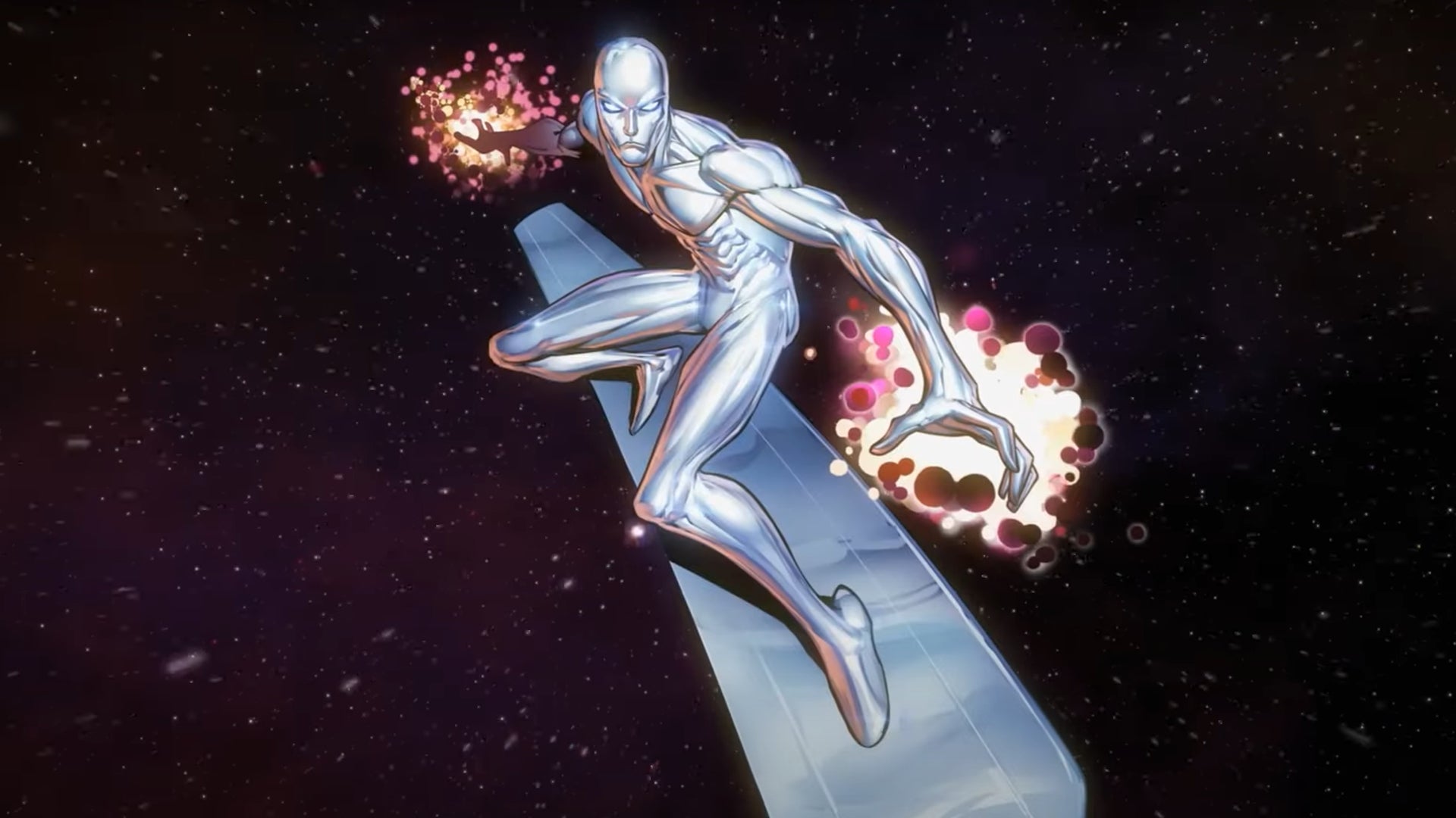 Key art from Marvel Snap&rsquo;s Power Cosmic update showing the Silver Surfer riding through space