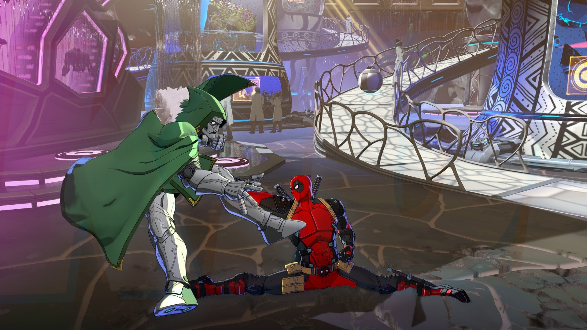 Deadpool lands a nut punch attack on Doctor Doom in Marvel Tokon: Fighting Souls.