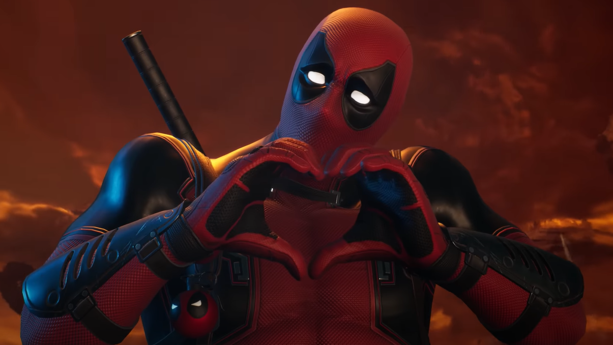 A screenshot from Marvel&rsquo;s Midnight Suns showing Deadpool making a heart symbol with his hands