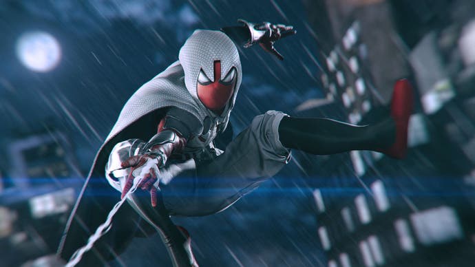 Marvel's Spider-Man 2 screenshot showing Miles as Spider-Man zipping through the air