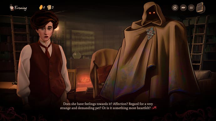 Screenshot of Mask of the Rose, showing Griz and Mr Pages, where the player’s internal monologue is considering if Griz cares for him