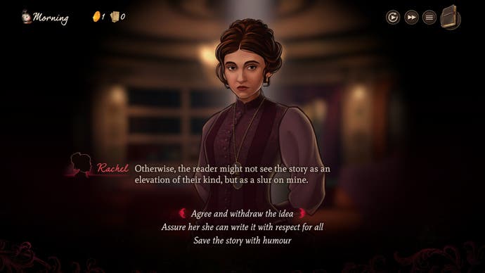 Screenshot of Mask of the Rose, showing part of a conversation with Rachel: ‘Otherwise, the reader might not see the story as an elevation of their kind, but as a slur on mine.’