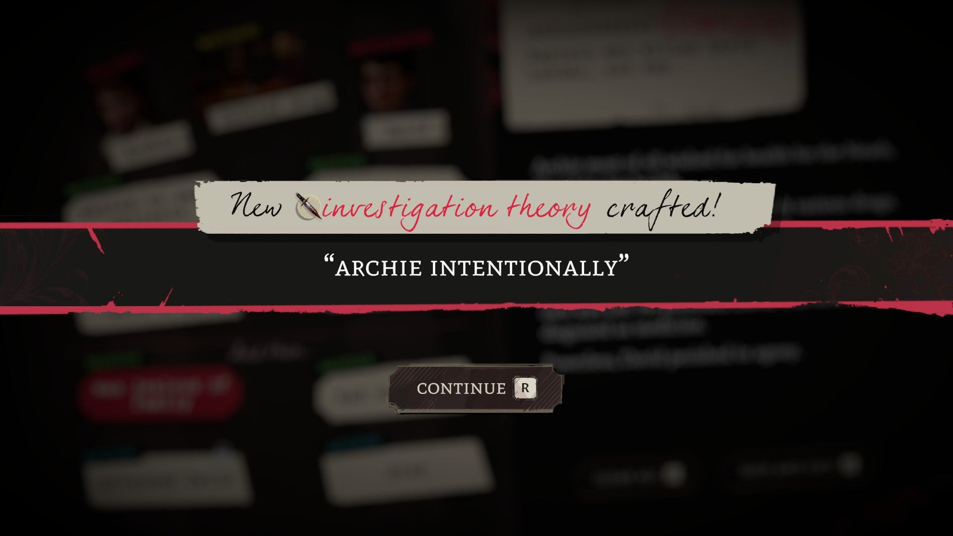 Screenshot of Mask of the Rose, showing the splash for a new investigation theory crafted in the storycrafting system