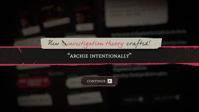 Screenshot of Mask of the Rose, showing the splash for a new investigation theory crafted in the storycrafting system