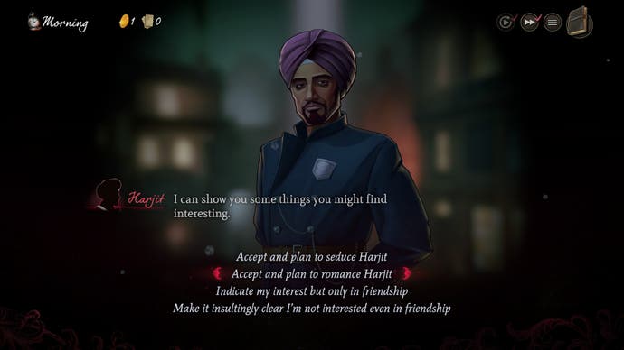 Screenshot of Mask of the Rose, showing Harjit offering to show the PC around, and the four player responses to begin or reject a romantic, sexual, or platonic relationship.