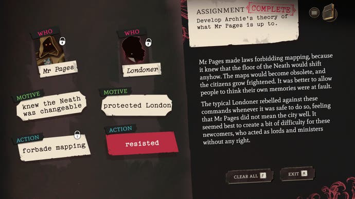 Screenshot of Mask of the Rose, showing motives and actions assembled on one side of the screen, and a generated narrative on the other.