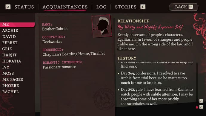 Screenshot of Mask of the Rose, showing a character journal that outlines the PC’s personality and notable events