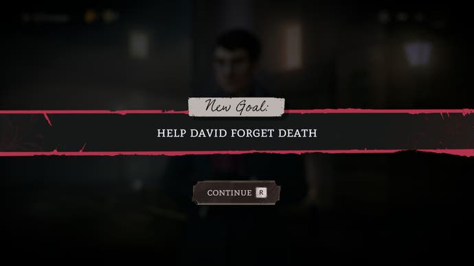 Screenshot of Mask of the Rose, showing a pop up reading ‘New Goal: Help David Forget Death’