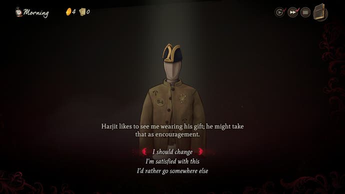 Screenshot of Mask of the Rose, showing a mannequin in a shirt and admiral hat, and the options to change outfit before meeting someone