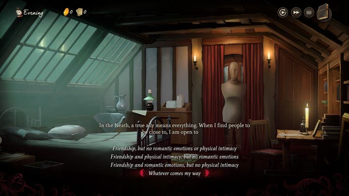 Screenshot of Mask of the Rose, showing the character creation options where the player can opt in to physical intimacy, romantic emotions, both, or neither
