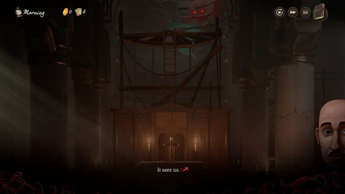 Screenshot of Mask of the Rose, showing a shadowy church and a creature with red eyes peering down from the ceiling, with the dialogue, ‘It sees us.’