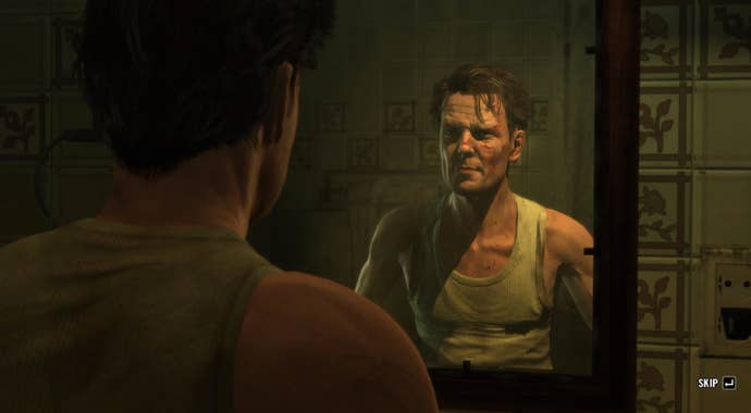 Sam Lake/Max Payne squints into the mirror in a screenshot from a Max Payne 3 mod