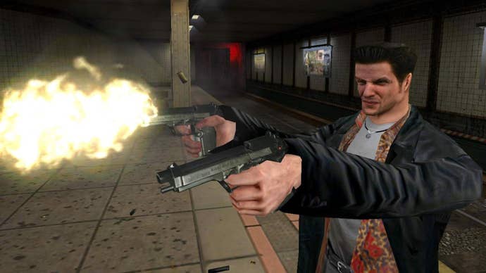 Max Payne fires dual pistols while in an underground station