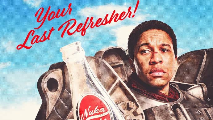 Promo art for Fallout on Amazon showing Maximus holding a bottle of Nuka Cola. Writing above him reads: “Your Last Refresher”