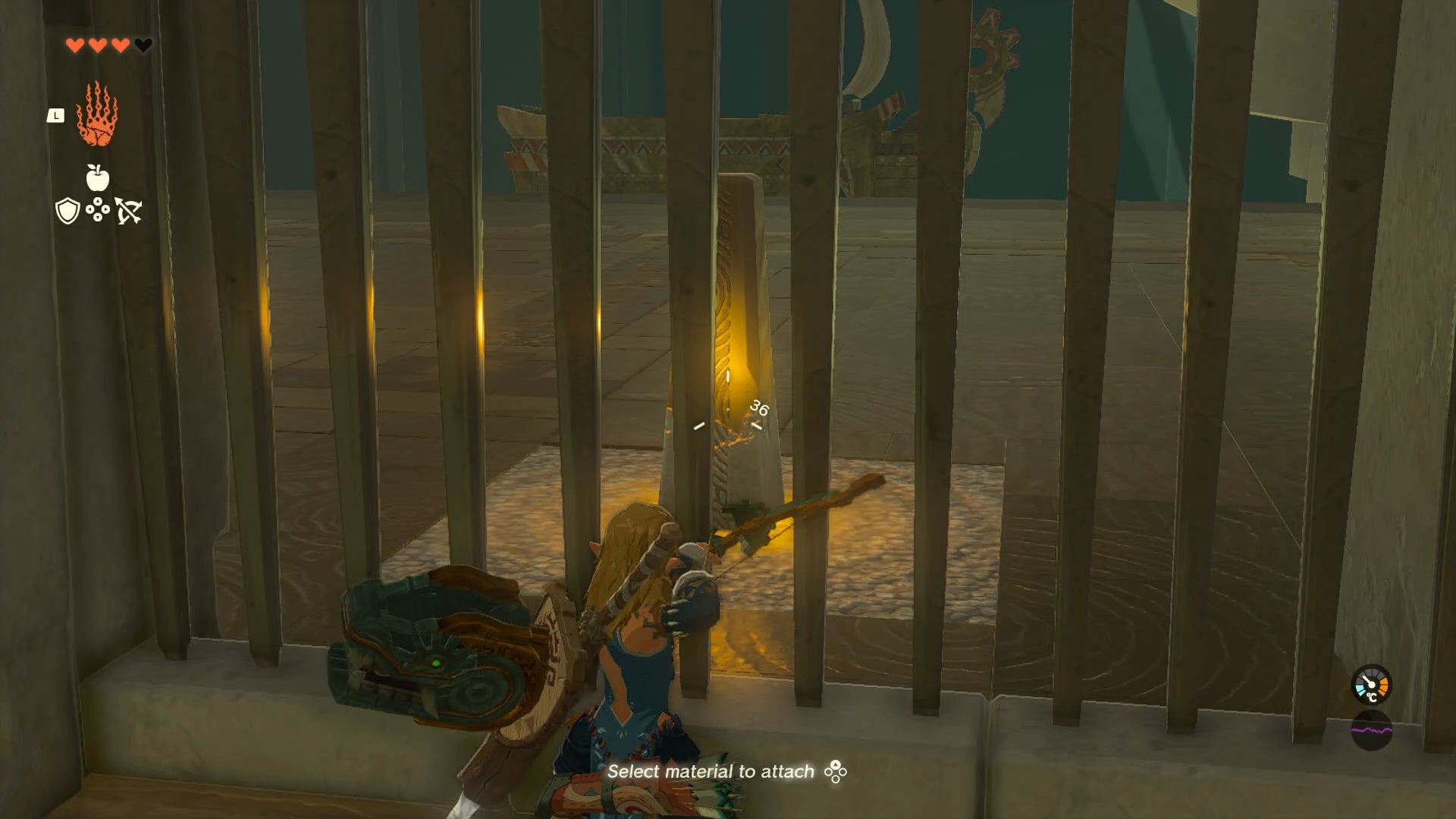 Link aiming at a yellow switch that&rsquo;s behind bars with his bow and arrow in The Legend of Zelda: Tears of the Kingdom.
