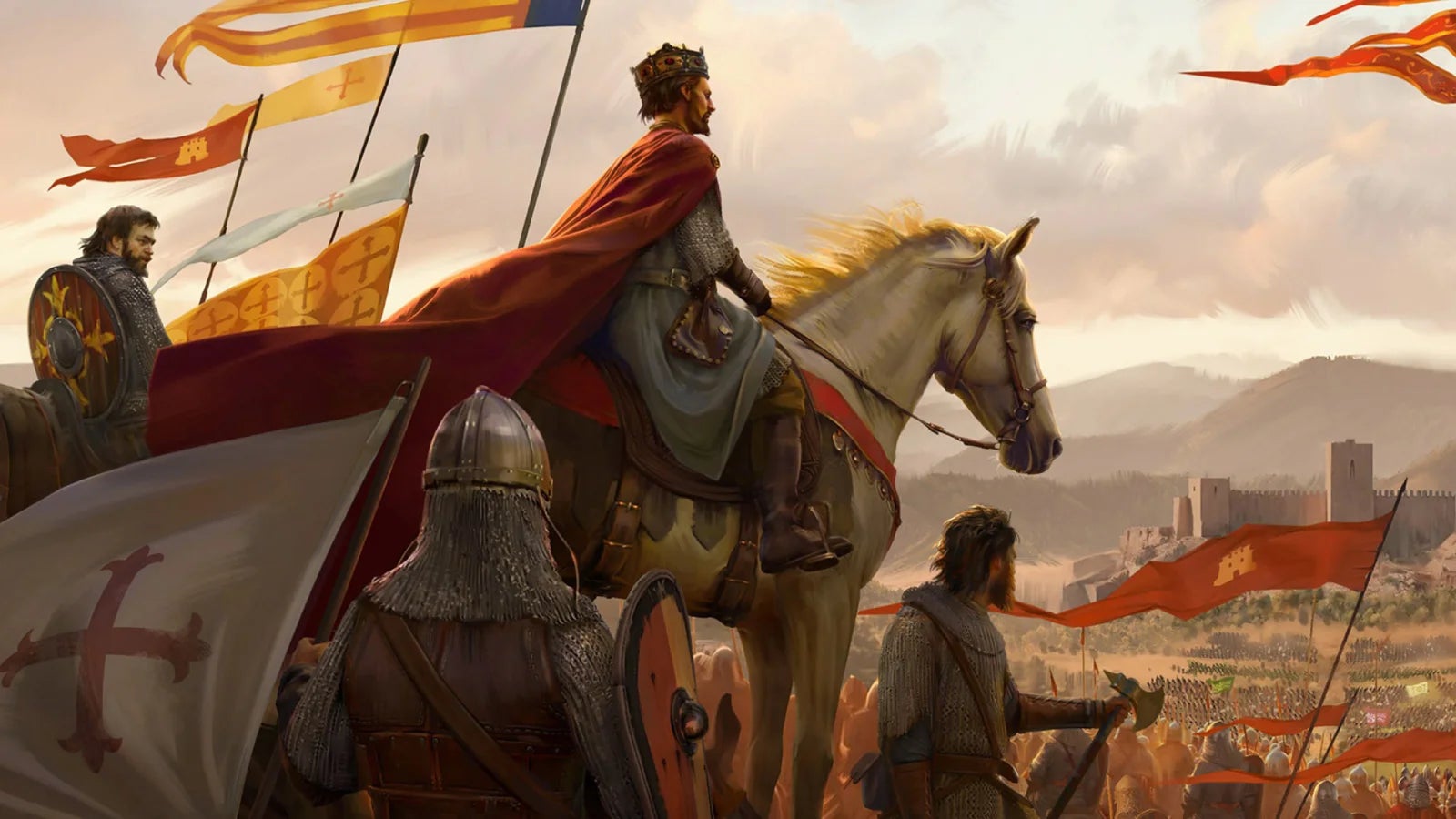 A caped regent on a white horse looking out over his banners with a castle in the distance under a cloudy sky, from concept art for Total War: Medieval 3. - 1