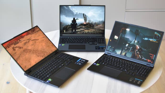 Three Medion Erazer RTX 50 gaming laptops arranged connected a table, moving assorted games.