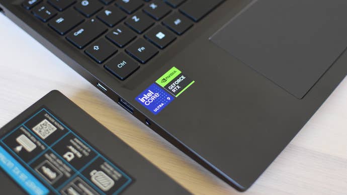 An Nvidia RTX sticker connected a Medion Erazer gaming laptop.