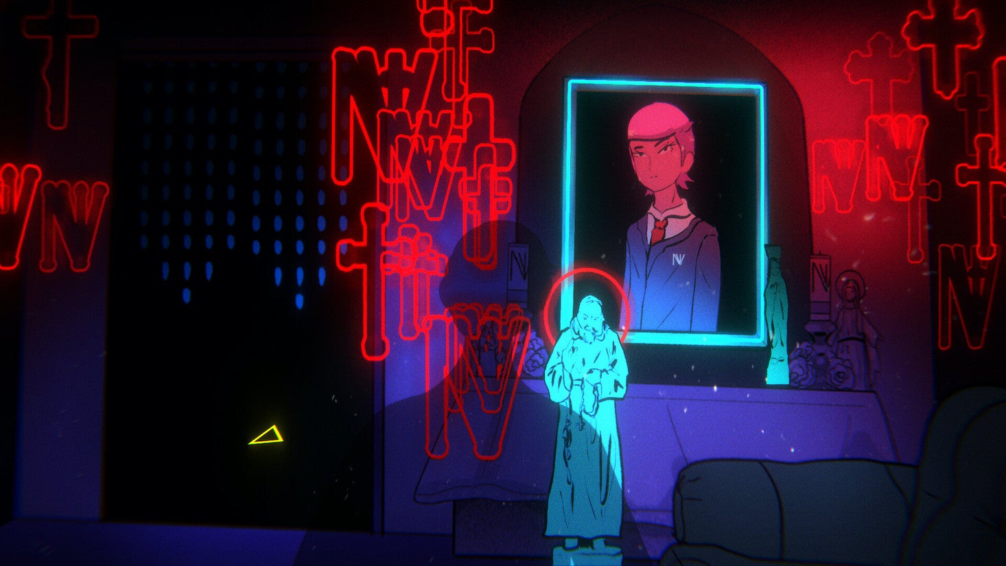 A shadow emerges on a wall covered in neon red crosses and a painting of a schoolkid in Mediterranea Inferno.