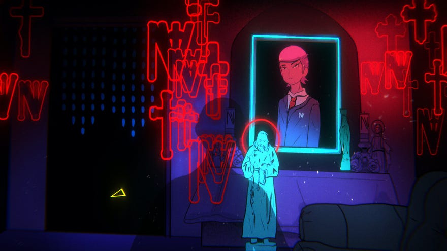 A shadow emerges on a wall covered in neon red crosses and a painting of a schoolkid in Mediterranea Inferno.