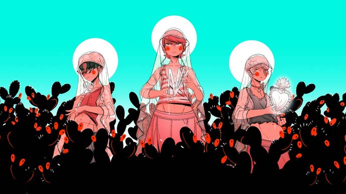 An illustration showing the three friends of Mediterranea Inferno’s story adopting a saintly pose, each with his own halo, amid a thick tangle of shadowy cacti.