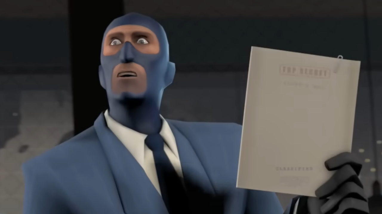 Team Fortress trailer screenshot showing male spy character in balaclava holding a Top Secret file