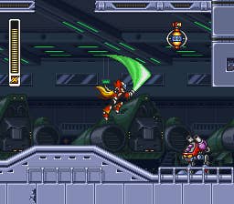 Mega Man swipes with his weapon while jumping down on an enemy in Mega Man X3