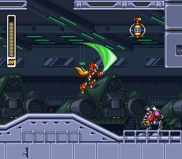 Mega Man swipes with his weapon while jumping down on an enemy in Mega Man X3 - 23