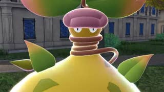 Close up of Mega Victreebel, a bright yellow and green plant monster Pokemon