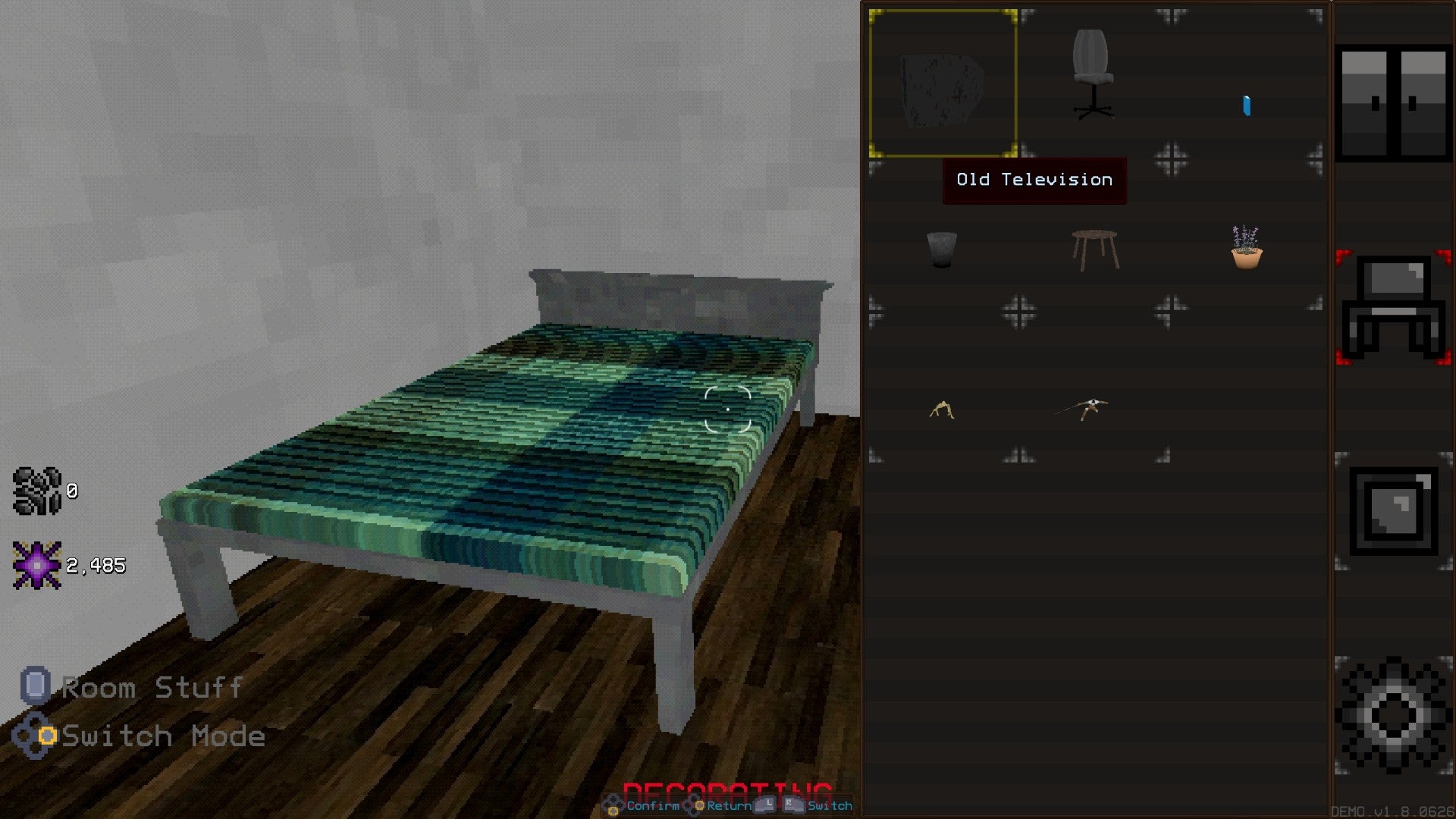 Browsing the bedroom decoration options in Memoirium.