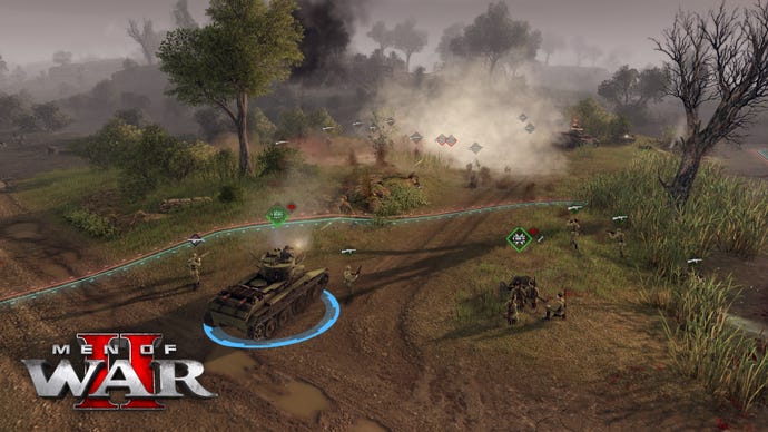 Tanks and infantry move up a muddy path as the dust clear in front of them in Men Of War 2