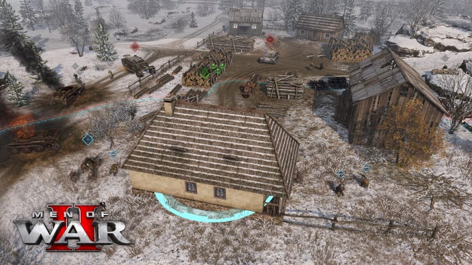Soldiers and tanks fight near an abandoned house in a snowy landscape in Men of War 2