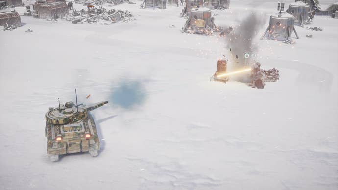 A tank blows up defences in a snowy Menace battle scene.