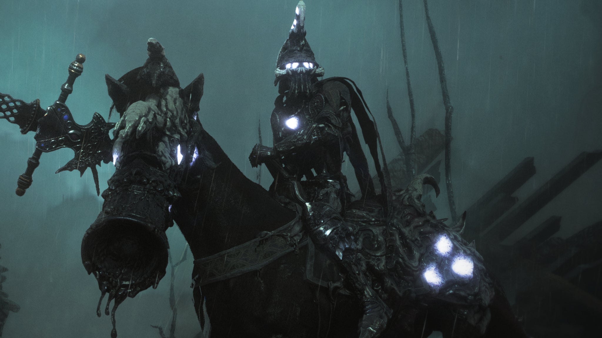 The Mendicant Reinbreaker of Soulframe, an oily black, glowing-eyed warrior with a long spear on a monstrous horse.
