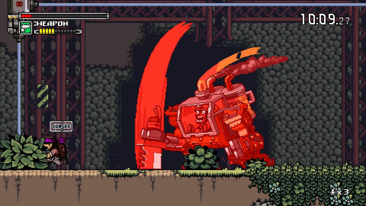 A pixel art scene from a video game showing a character wearing sunglasses crouching near bushes, facing a large red mechanical robot wielding a giant blade. There's a "DANGER" sign nearby, and health and weapon status bars are visible at the top.