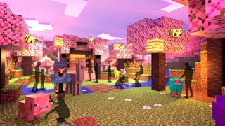 Promo image for Merlin and Mojang's Minecraft partnership showing cuboid blossom trees and animals with the silhouettes of people walking among them