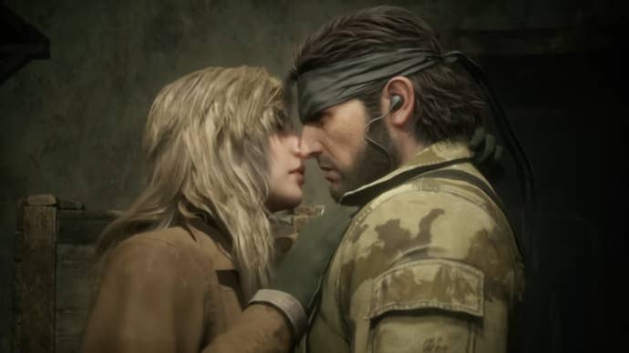 Metal Gear Solid Delta screenshot showing Eva and Snake close up about to kiss