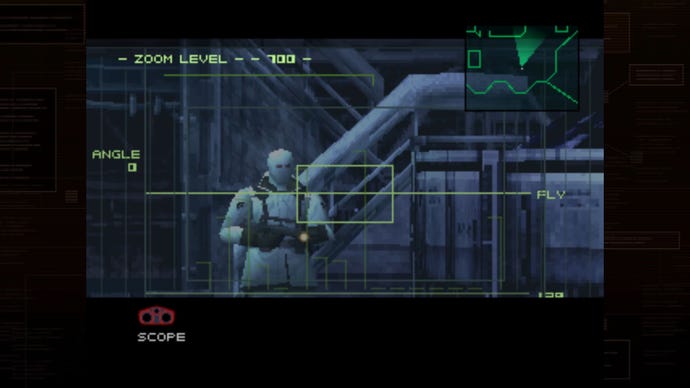 A scope view of a masked soldier in Metal Gear Solid
