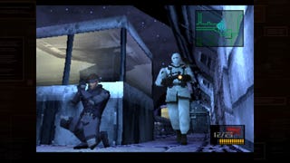 Solid Snake crouches behind a wall as a soldier walks past in Metal Gear Solid