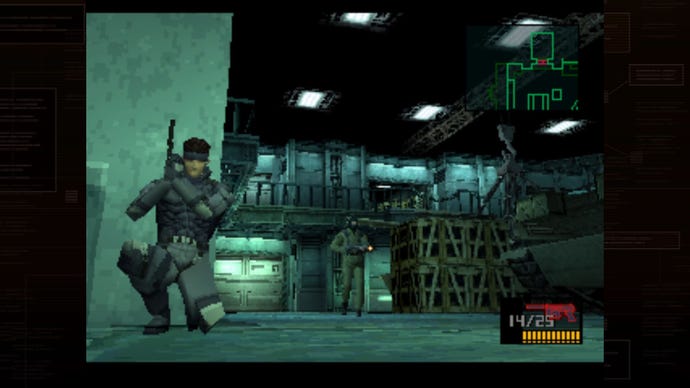 Solid Snake crouches behind a wall in a hanger in Metal Gear Solid