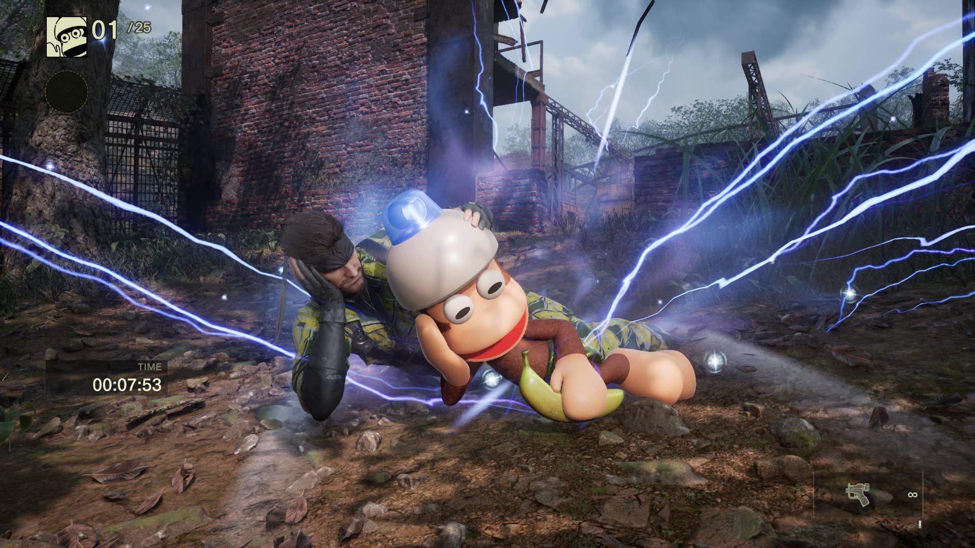 Capturando un simio en Metal Gear Solid Delta: Snake Eater's Snake vs Monkey Mode.