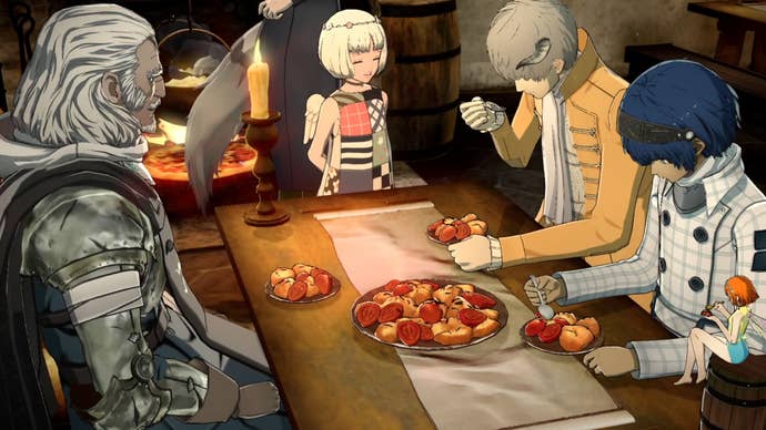 Metaphor: ReFantazio screenshot of characters eating Redgrass Roasted Bidou.