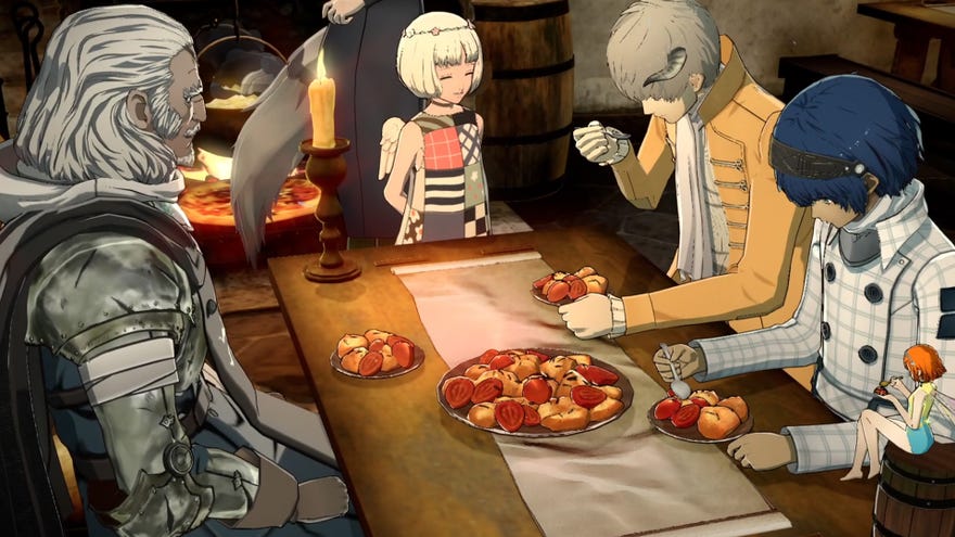 Metaphor: ReFantazio screenshot of characters eating Redgrass Roasted Bidou.