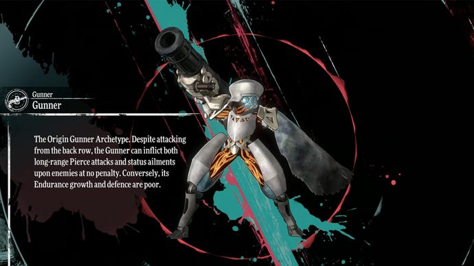 Metaphor ReFantazio screenshot of the Gunner Archetype info screen.