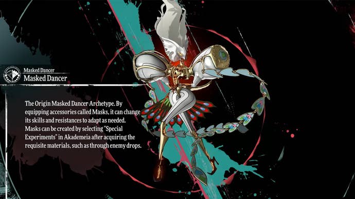 Metaphor ReFantazio screenshot of the Masked Dancer Archetype info screen.