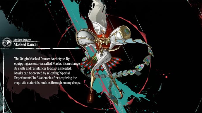 Metaphor ReFantazio screenshot of the Masked Dancer Archetype info screen.
