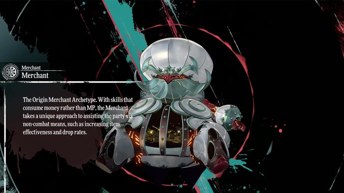 Metaphor ReFantazio screenshot of the Merchant Archetype info screen.
